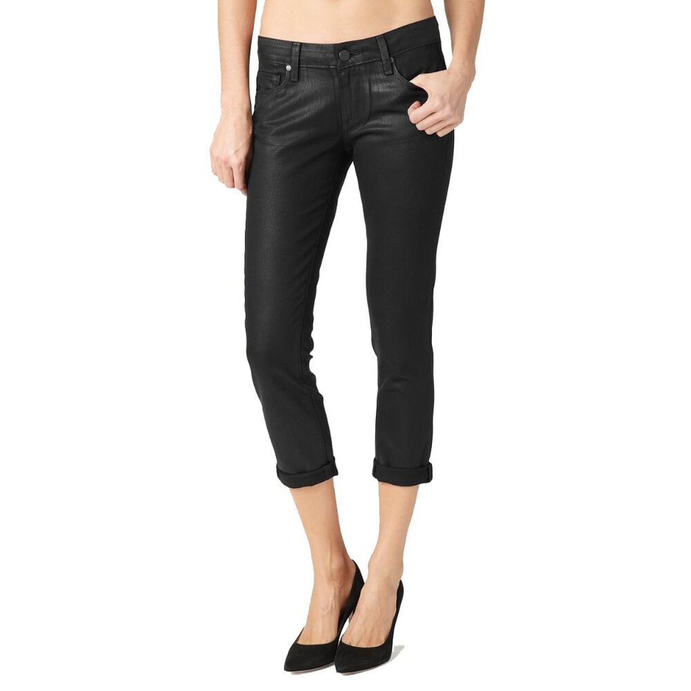 PAIGE Jimmy Jimmy Crop Skinny Boyfriend Jeans, Black Silk Coating, Size 32 NWT